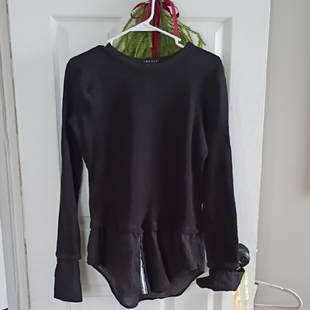 Theory Black Long Sleeve Top Shirtail And Cuffs.2 In1 Waffle Knit